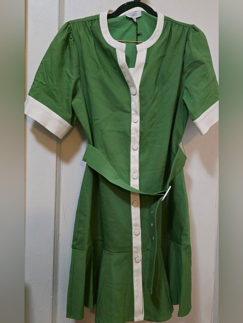 Green Button-Front Belted Dress with White Trim